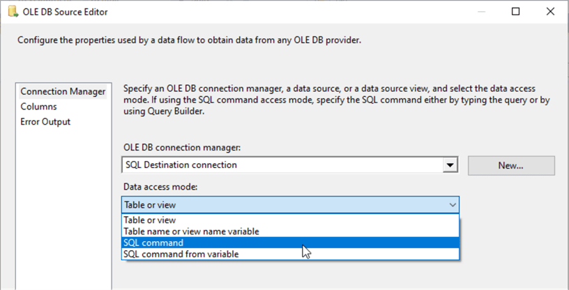 using SQL Command data access mode
