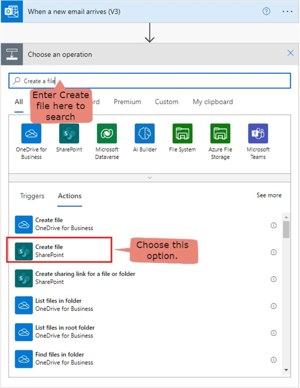 Adding a create a file to SharePoint action 1