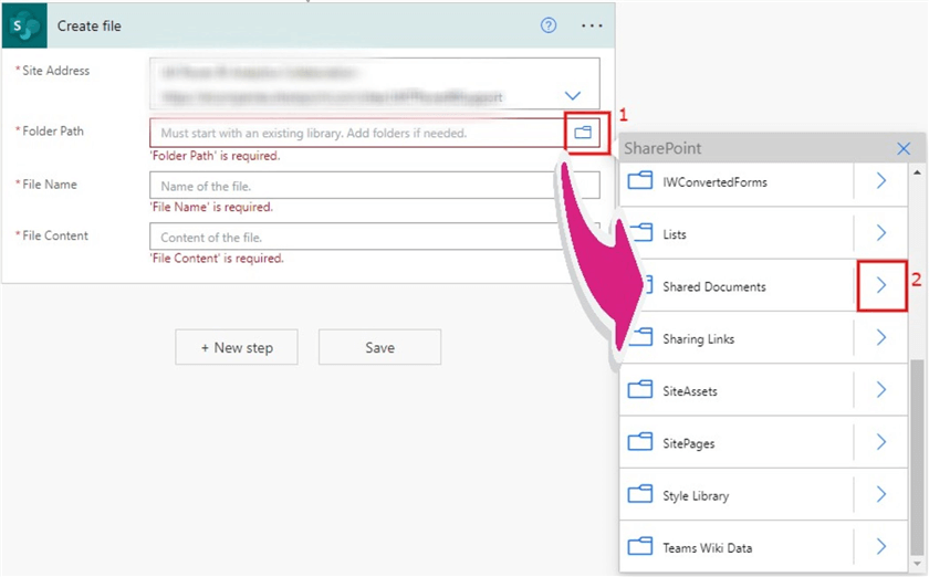 Adding a folder path to a create a file to SharePoint action 1