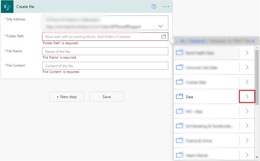 Adding a folder path to a create a file to SharePoint action 4