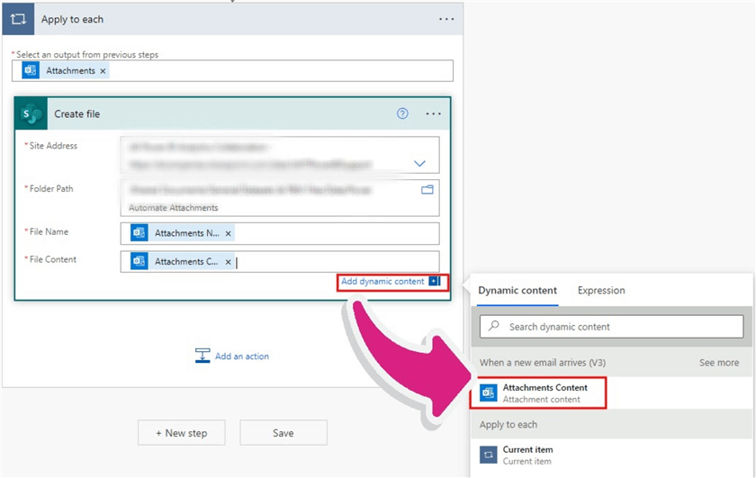 Adding a file content to a create a file to SharePoint action