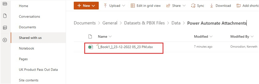 Image showing attachment file loaded into SharePoint successfully with datetime 