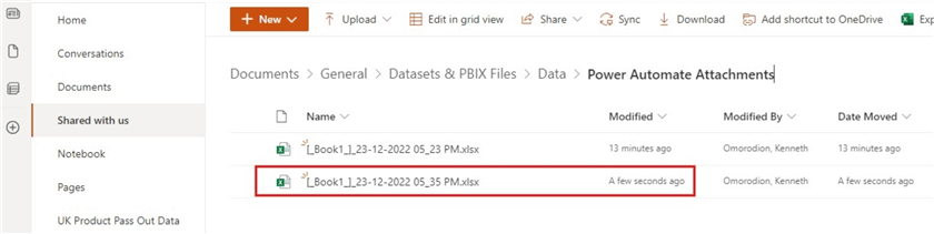 Image showing a second attachment file loaded into SharePoint successfully with a new datetime 
