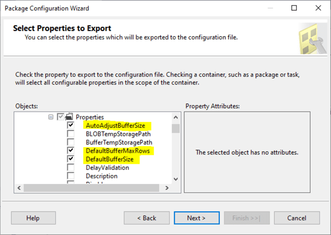 Package configuration wizard select properties to export