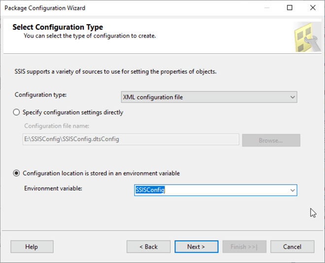 Package configuration wizard Select configuration type Environmental variable SSISConfig