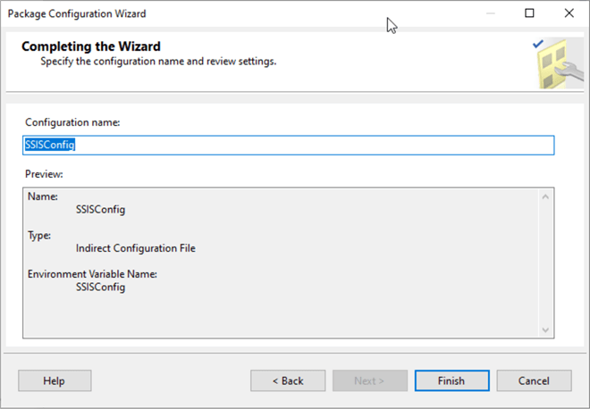 Package configuration wizard Completing the Wizard configuration name change