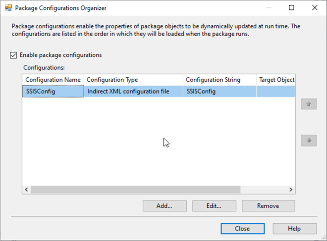 configuration type changed to Indirect XML configuration file, and the connection string changed to the environment variable name