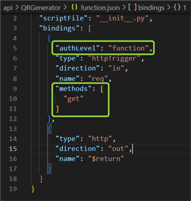editing the function.json file