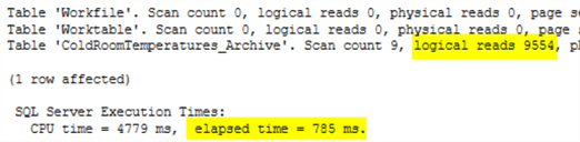 This is another screenshot of STATISTICS IO output that shows 9554 reads and 785 ms.