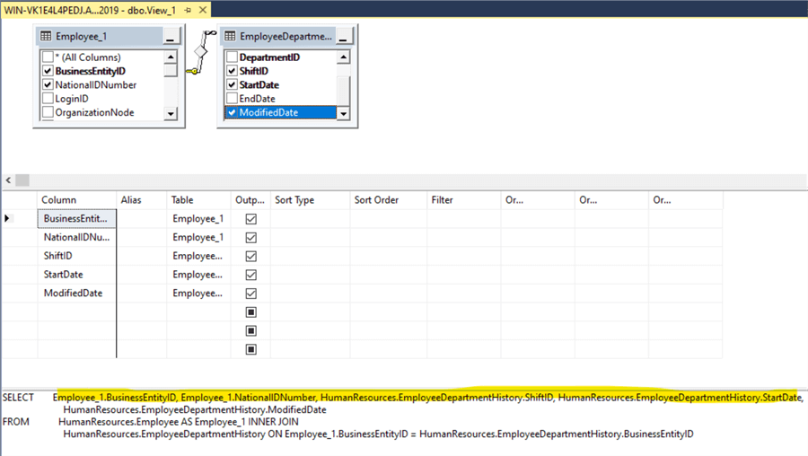 View the SELECT statement query