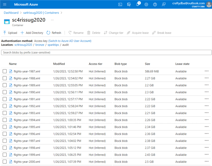 Spark and XML - contents of audit directory from the Azure portal.