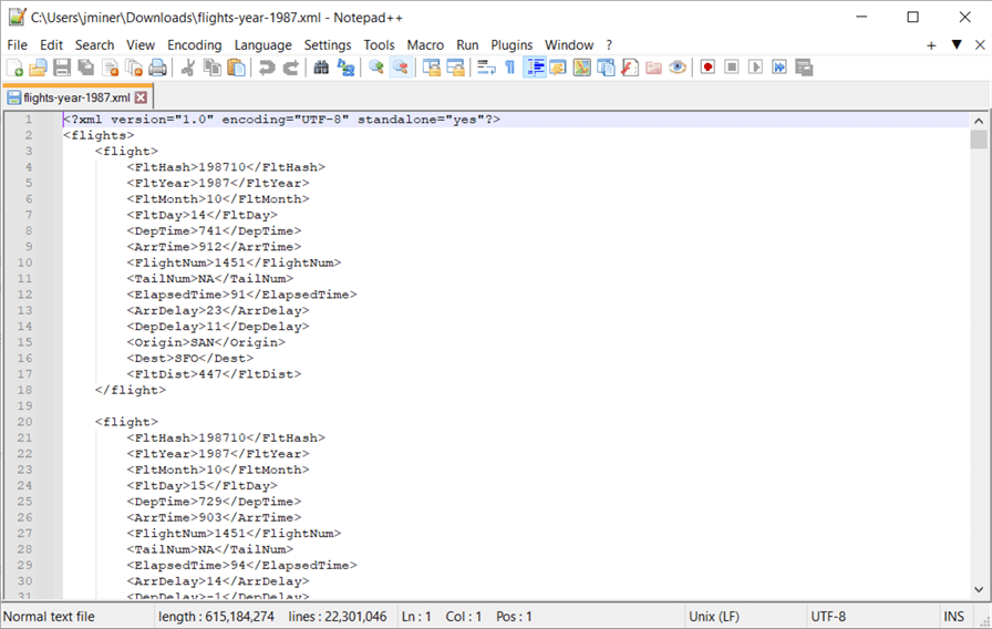 Spark and XML - the flight data for year 1987 in xml format.