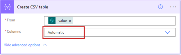 Snapshot showing the Create CSV table Automatic columns option