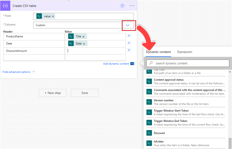 Configuring the Custom columns option for the Create CSV table action operation in Power App