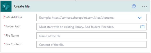 Snapshot of the Create file action window