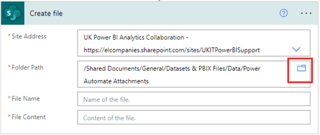 Configuring the Folder Path section of the Create file action operation in Power App