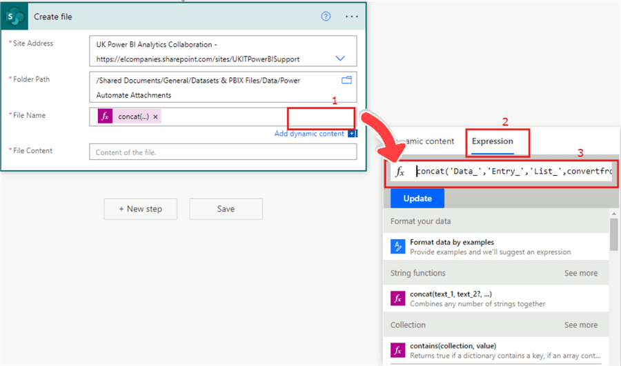 Configuring the File Name section of the Create file action operation in Power App