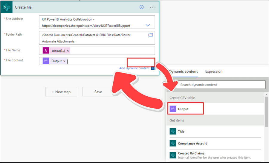 Configuring the File Content section of the Create file action operation in Power App