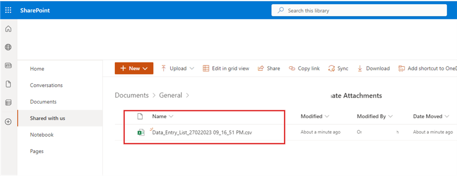 Image showing exported CSV file within the SharePoint folder
