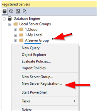 Add Servers to SQL Server Group Server Group, New Server Registration