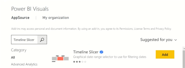 Getting Timeline Slicer from Power BI Visuals Window