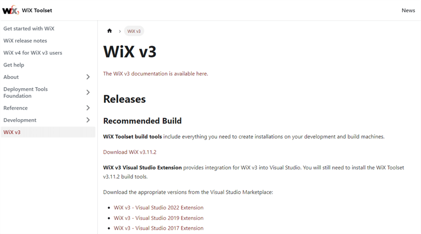 Figure 2 The Web Page for Downloading the WiX Tools