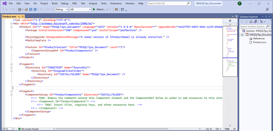 Figure 4 The WiX Project with the Default WiX source File.