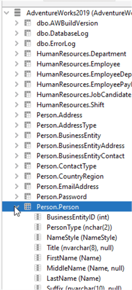 Database view, expanding Person.Person for manual add