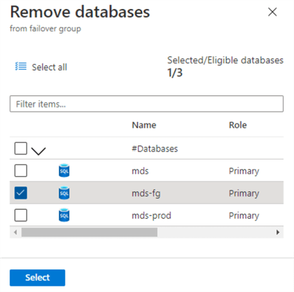 Select identified database to be removed