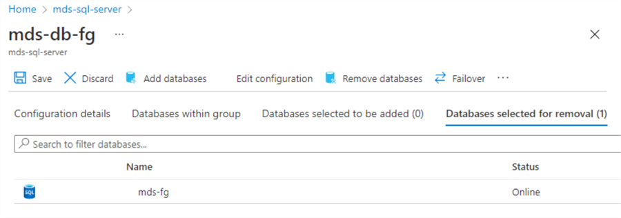 click on the save button to remove SQL database from failover group