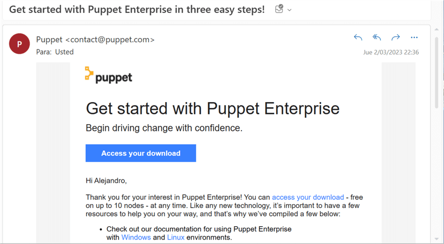 Email from Puppet to access download