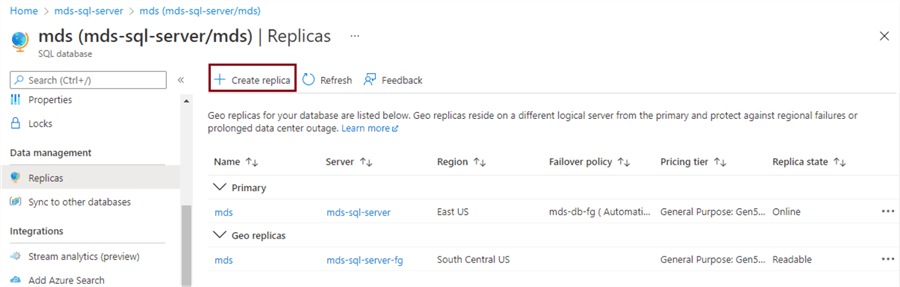 Access geo replication page for Azure SQL database mds