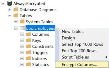 Table context menu "Encrypt Columns..."