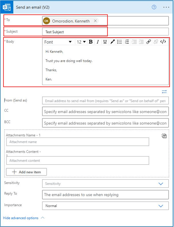 Image showing the mandatory and optional advanced options in the Send Email Action operation