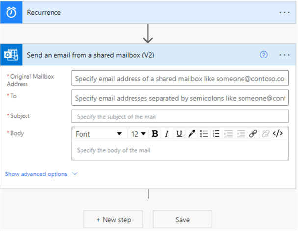 Image showing the mandatory options on the Send an email from a shared mailbox flow step