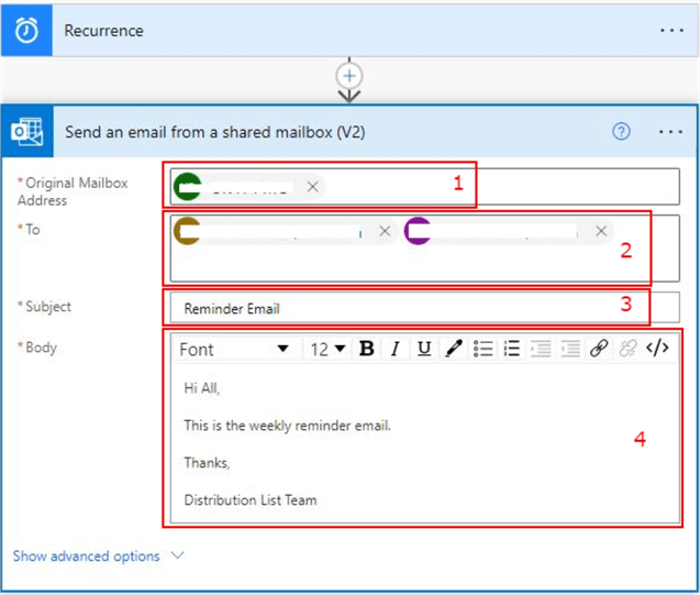 Image showing how to configure the mandatory options on the Send an email from a shared mailbox flow step