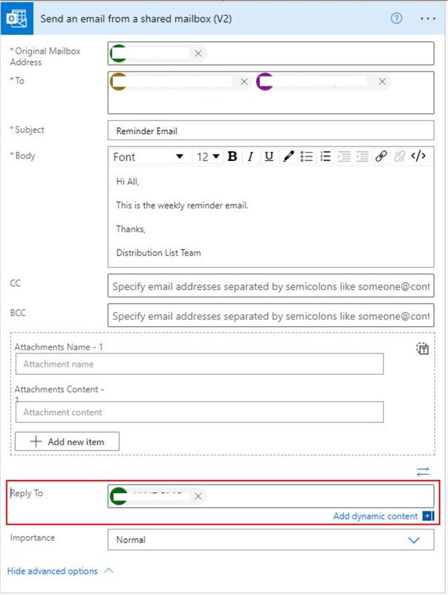 Image showing the optional advanced option in the mandatory options on the Send an email from a shared mailbox flow step