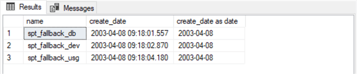 returns any row from sys.tables which matches the date value instead of the datetime value of the earliest create_date in sys.tables