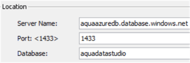 This is a connection properties window in Aqua Data Studio to connect to an Azure SQL Server Database.