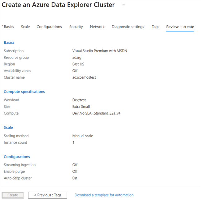 review ADX cluster config and create