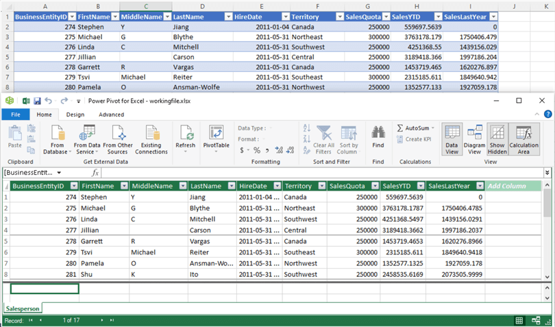 Figure 12 Add the Excel table from a spreadsheet to the data model