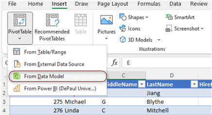 Figure 25 The dropdown menu allows us to create a pivot table from a data model