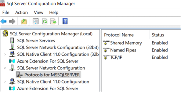 3 protocols enabled in SQL Server Configuration Manager