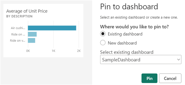 choose which dashboard to pin the visual to