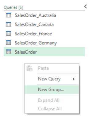The context menu from the Queries pane