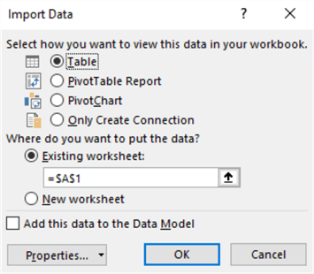 Load the data to an Excel table