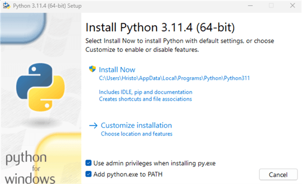 python installation start screen