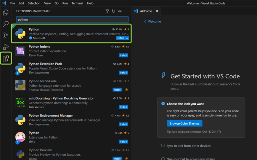 find the python extension on the vs code extension marketplace