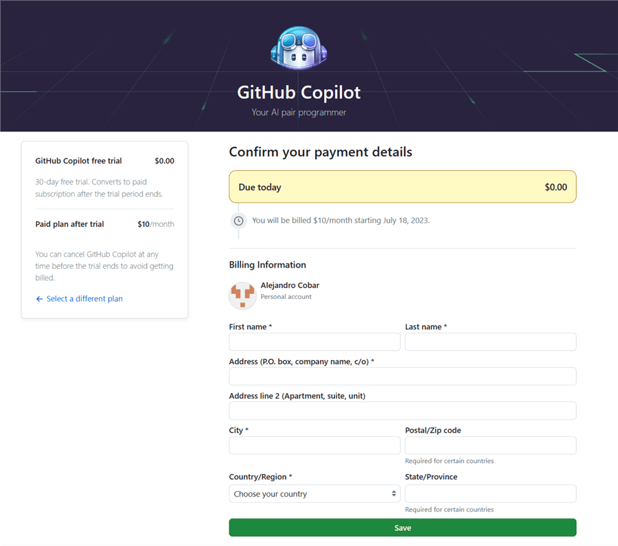 Github Copilot free trial-amount