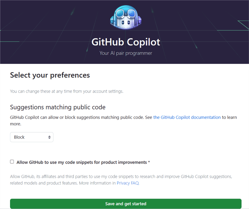 Github Copilot free trial-preferences